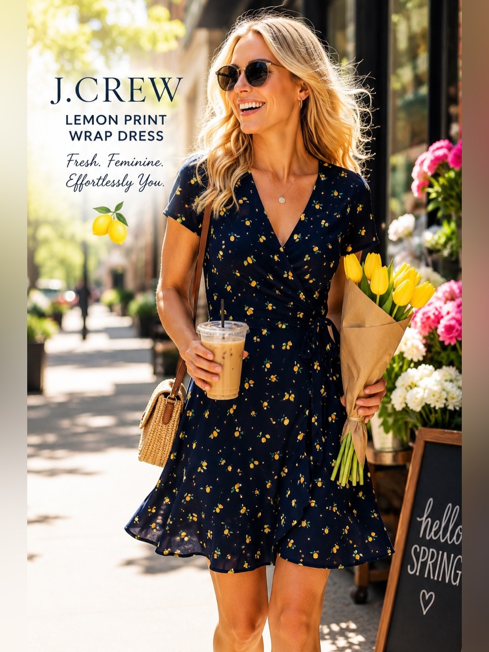 J. Crew Navy Lemon-Print Wrap Midi Dress